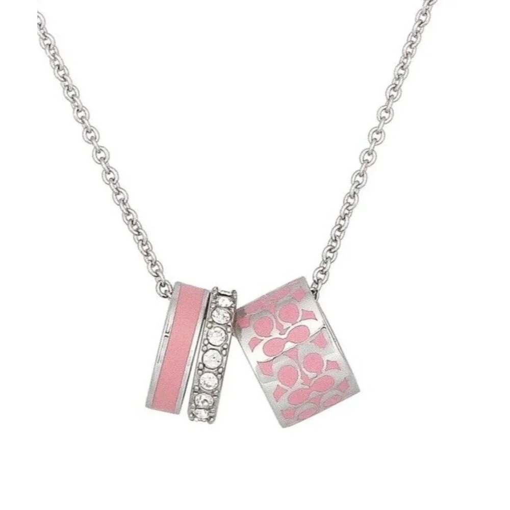 Coach Silver Signature Rondell 3 Ring Necklace Pink Enamel 16” + 2”